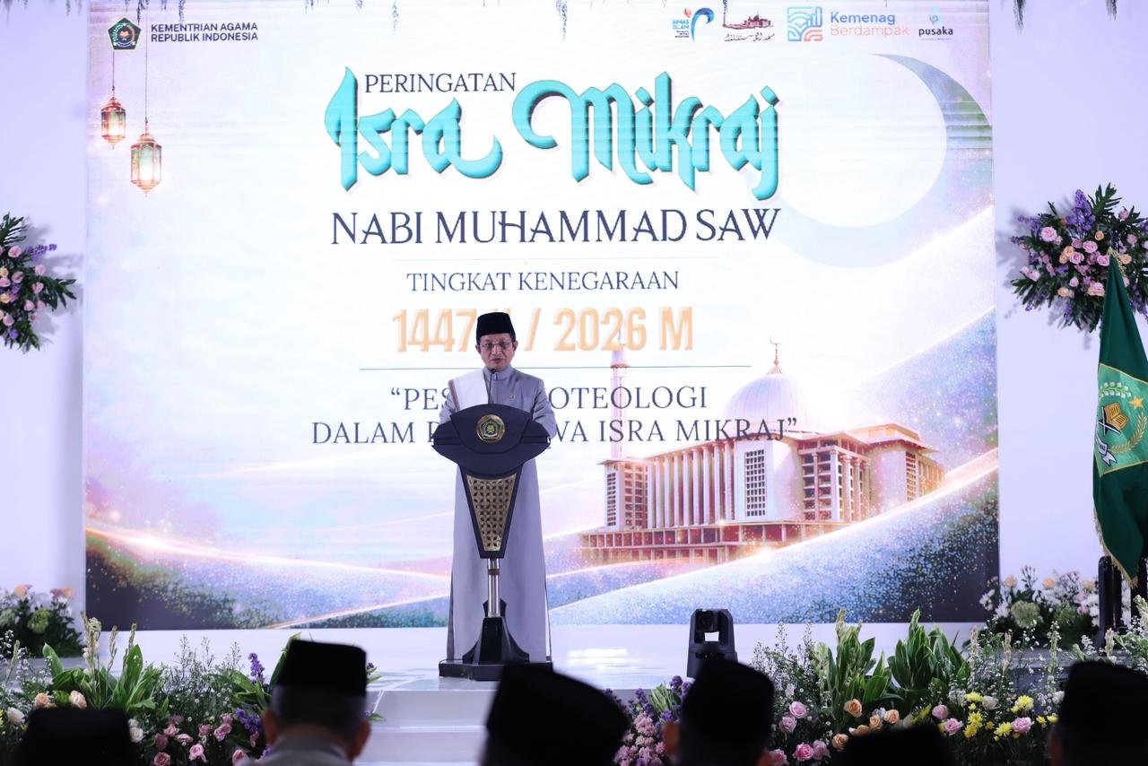 Menteri Agama Nasaruddin Umar saat memberikan sambutan pada acara Peringatan Isra Mikraj 1447 H Tingkat Kenegaraan.